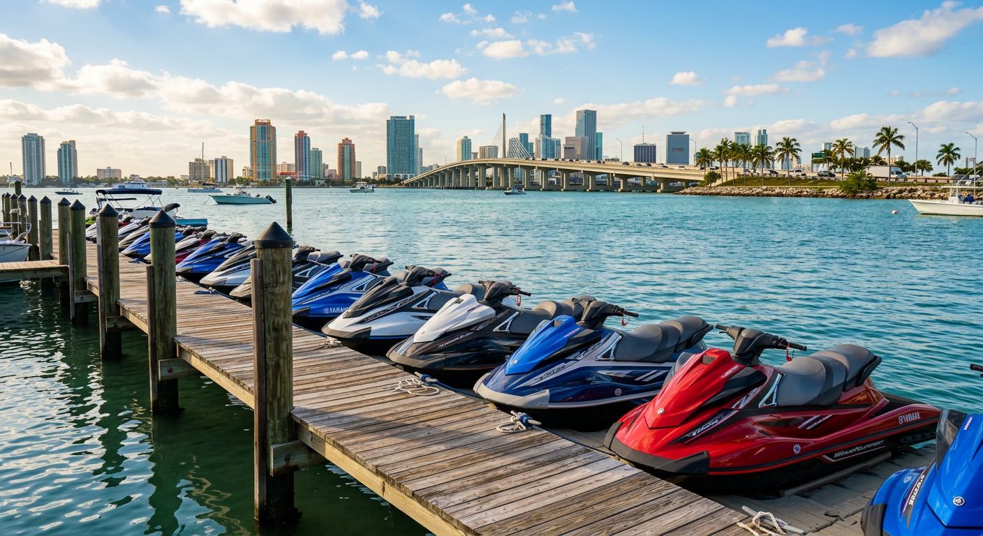 A row of Yamaha jet skis tied to a wooden marina dock in Miami Beach, with the MacArthur Causeway in the background