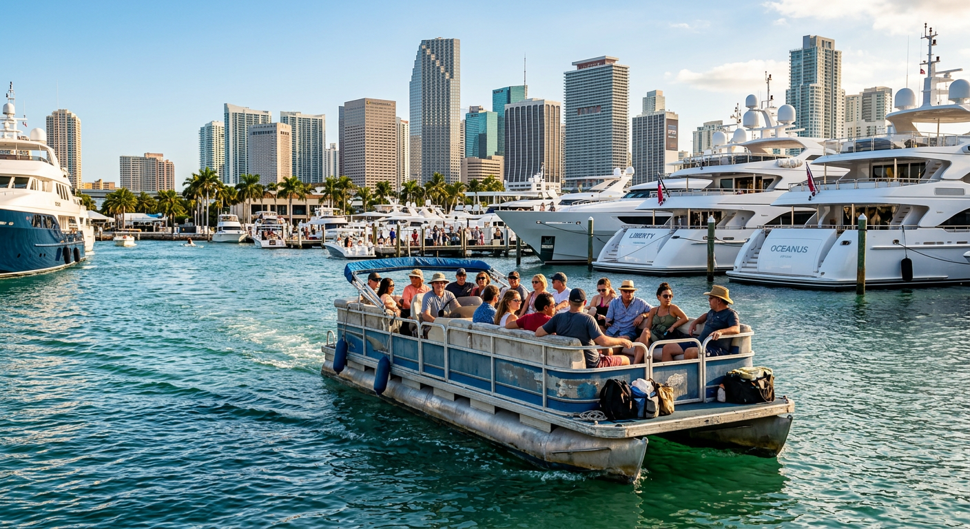 A weathered pontoon boat ferrying passengers past large yachts in a busy Miami marina channel
