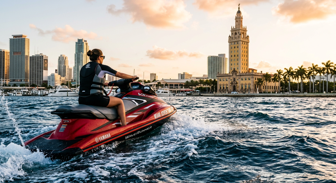 A rider gripping the handlebars of a personal watercraft navigating through choppy, dark blue water near a prominent stone obelisk monument in Miami