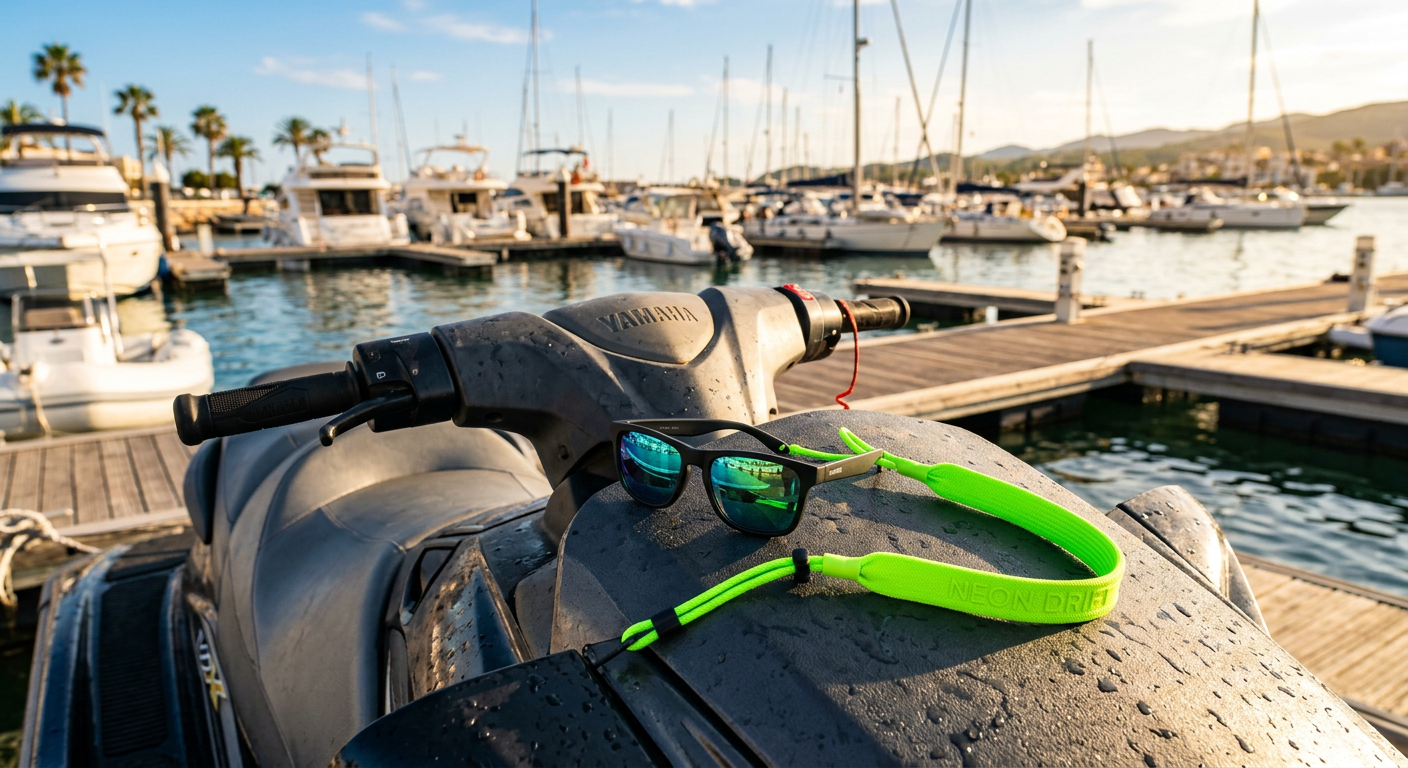 A pair of sunglasses with a neon green floating strap resting on the damp deck of a jet ski near a marina slip