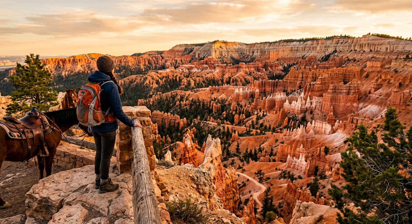 A rider looking out over the red rock amphitheater and towering hoodoos at Bryce Canyon