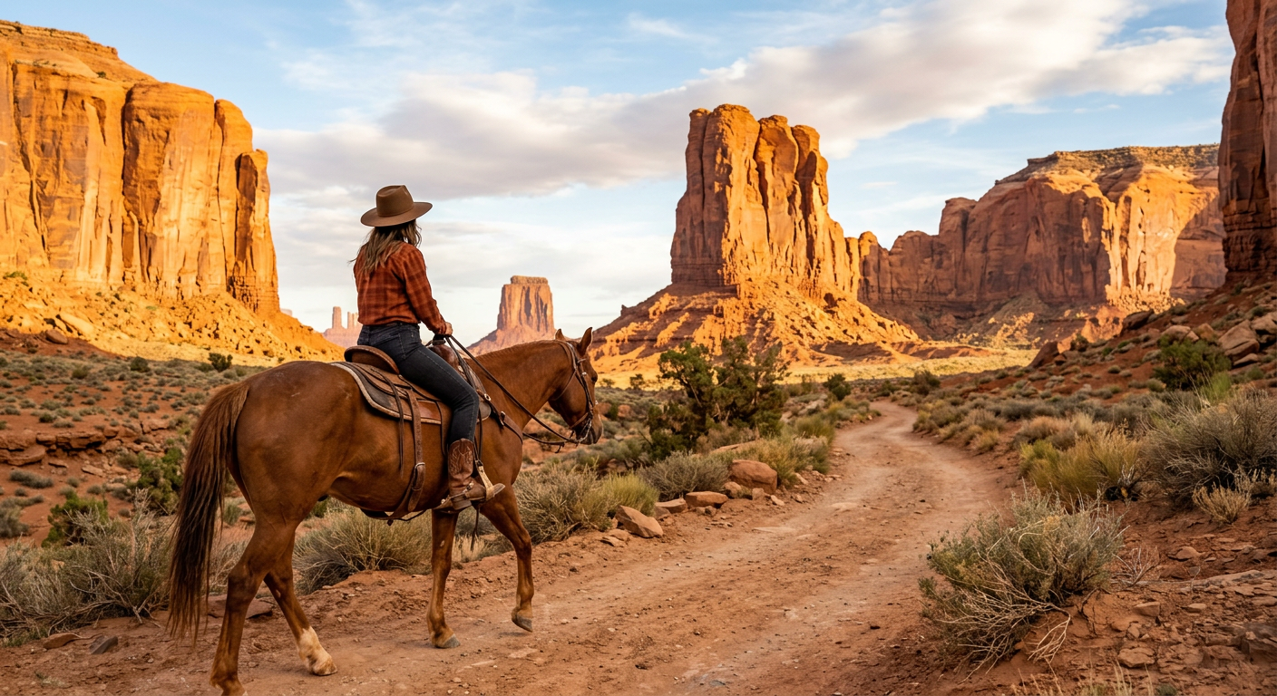 A rider wearing a wide-brimmed hat and leather boots on horseback next to towering orange rock formations