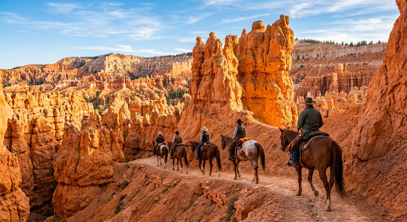 Riders on horseback navigating a narrow dirt trail among towering orange limestone hoodoos