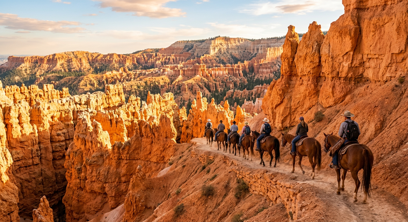 A line of horseback riders navigating a narrow dirt trail along the orange hoodoos of Bryce Canyon