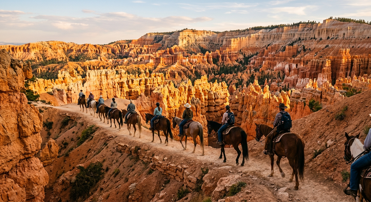 A line of riders on horseback navigating a narrow dirt trail beside towering orange hoodoos in Bryce Canyon