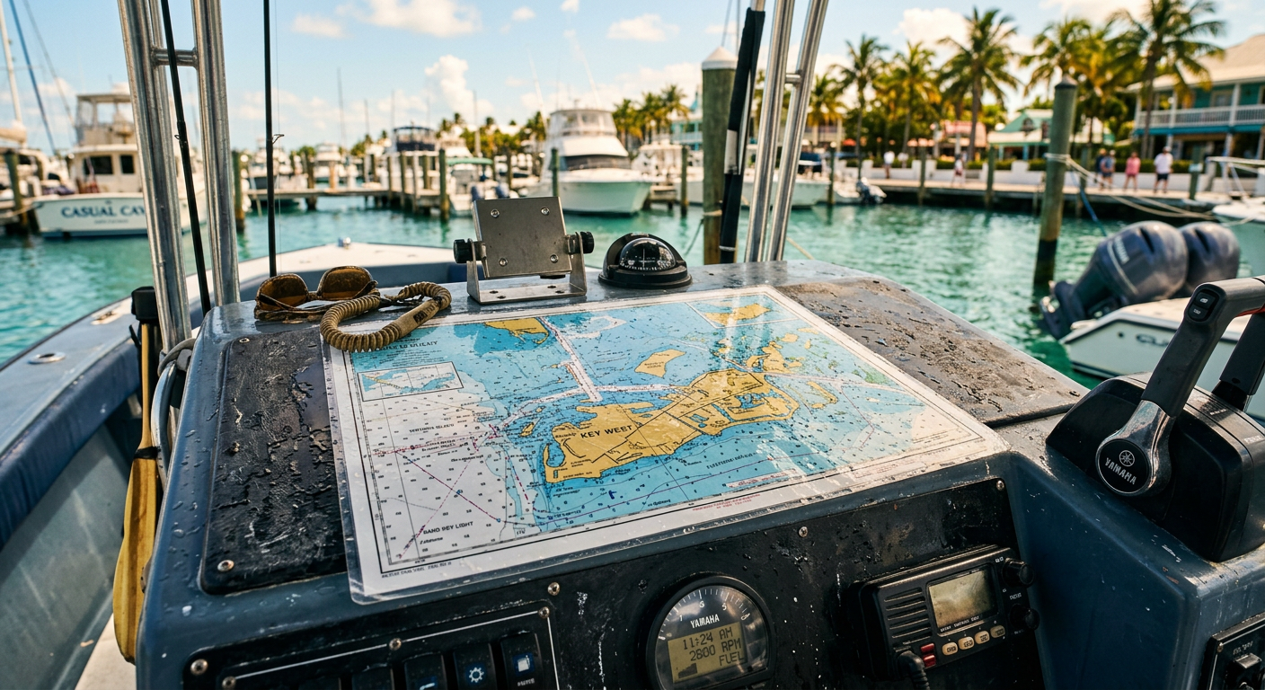 Laminated marine map resting on a wet boat console in Key West