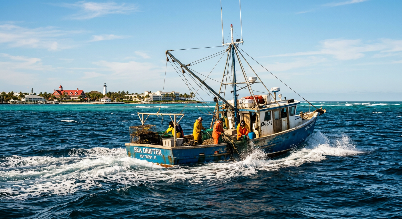 A fishing boat cutting through choppy dark blue water near Key West under a clear sky