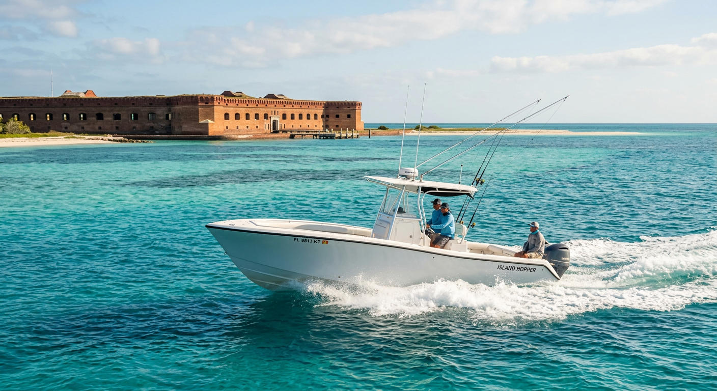 A white center console fishing boat cutting through turquoise waters near a distant brick fort in the Dry Tortugas