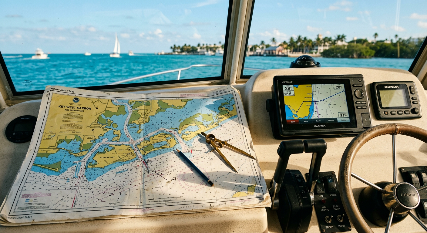 A weathered, waterproof navigation map spread out on a boat console next to digital marine electronics in Key West