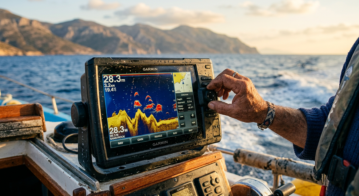 A weathered hand adjusting a marine sonar screen showing red blips above a rocky bottom contour