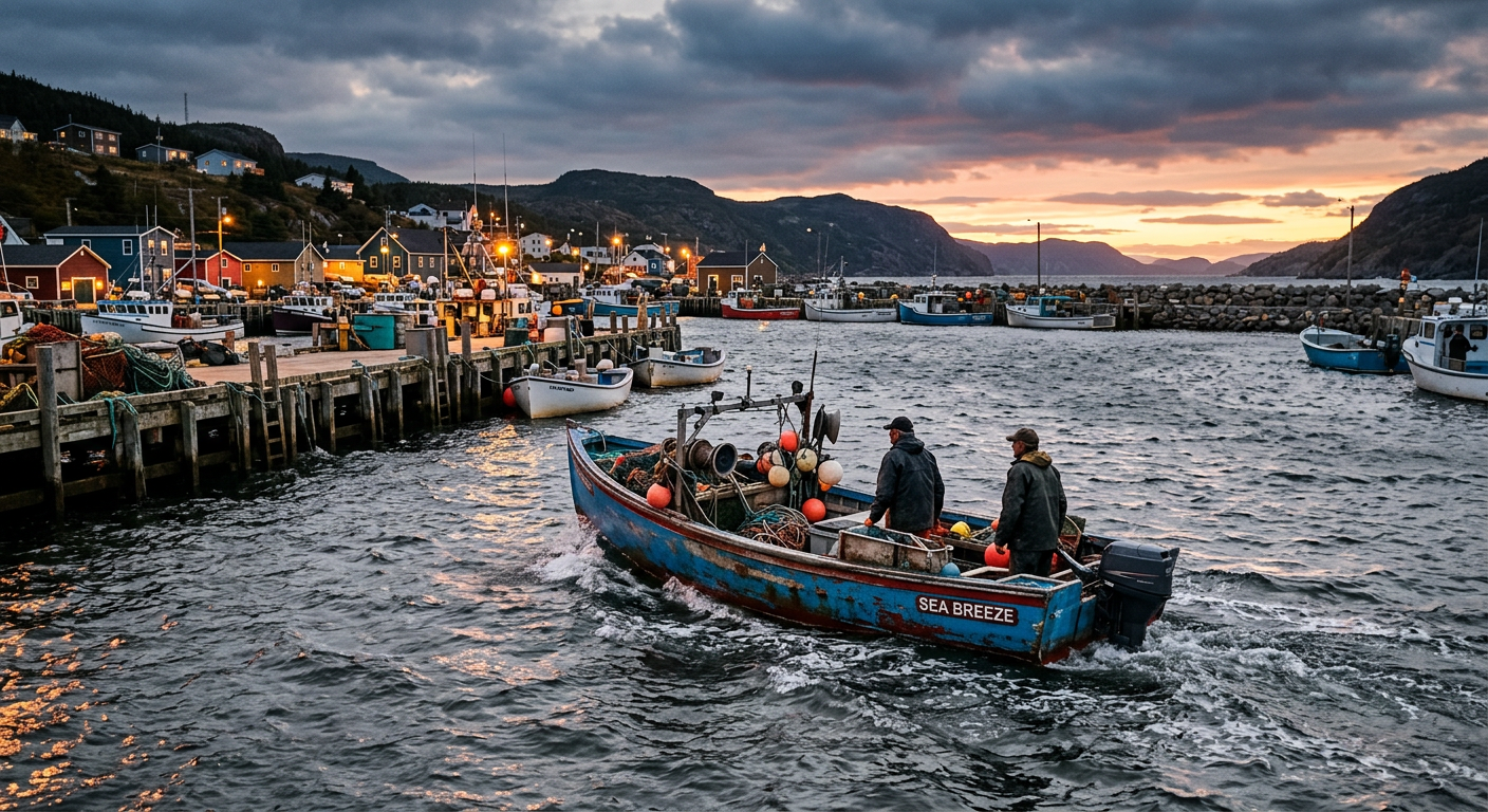 A small fishing skiff returning to the docks through choppy gray water at dusk