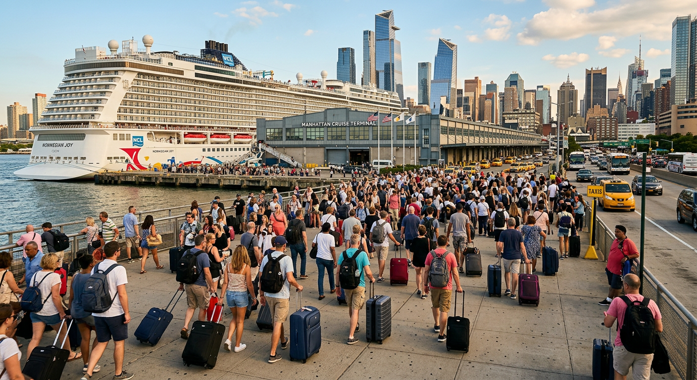Thousands of passengers with rolling luggage navigating the crowded sidewalks outside the Manhattan Cruise Terminal