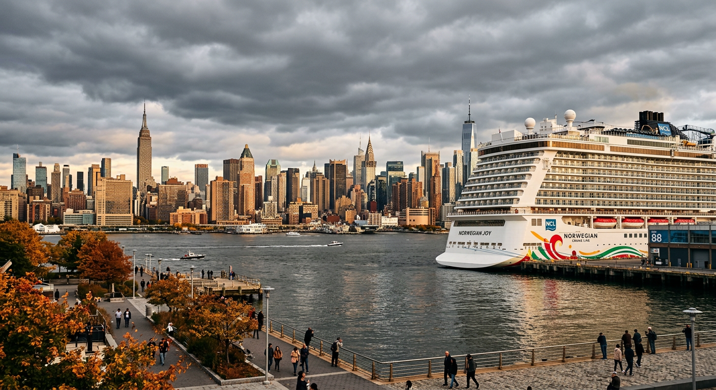 A large cruise ship docked in Manhattan under heavy gray autumn clouds