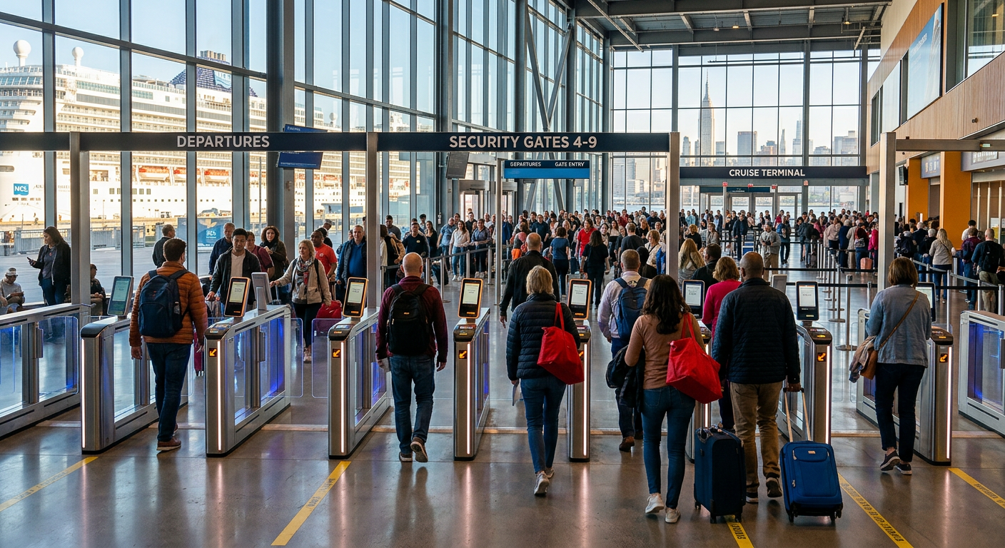 Passengers filtering through the modern security gates at the Manhattan cruise terminal