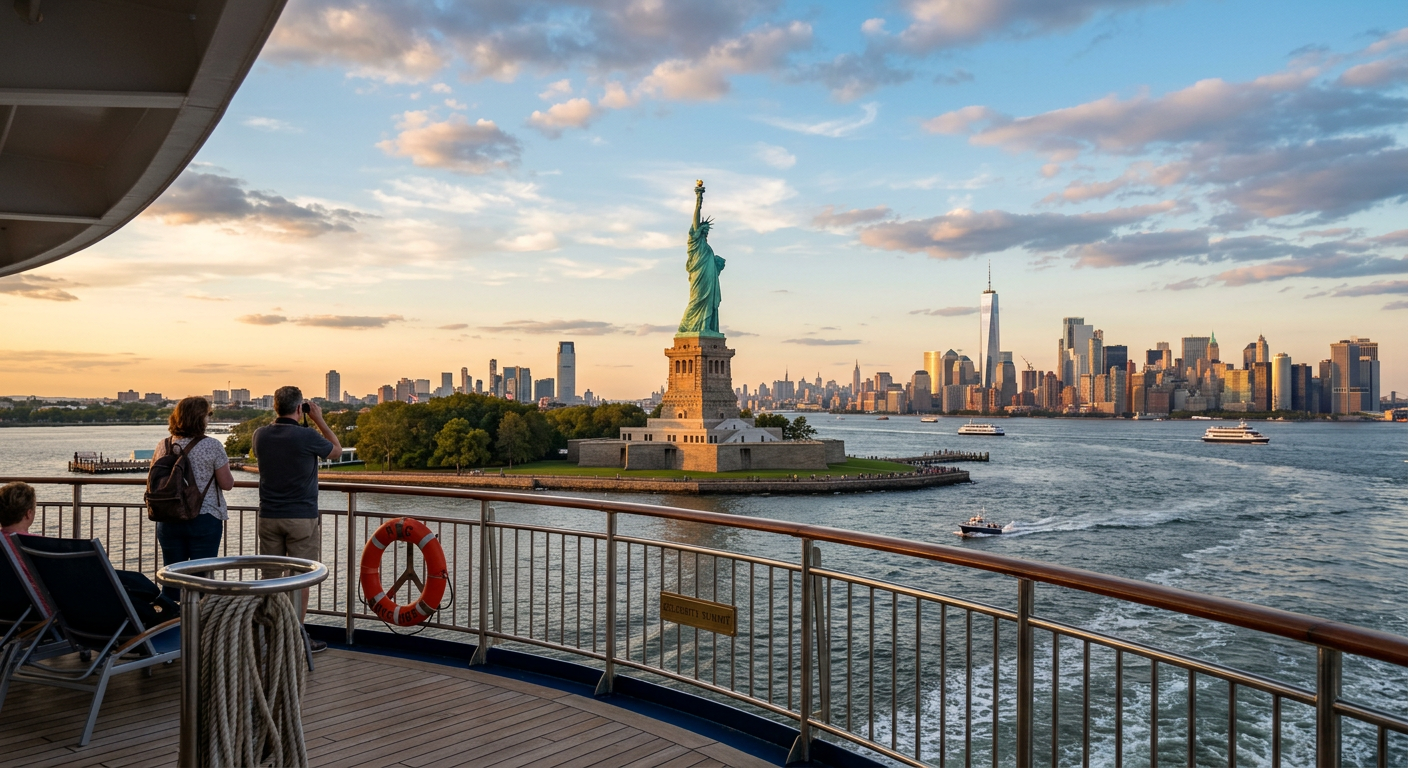 The Statue of Liberty viewed from the aft deck of a cruise ship leaving New York Harbor
