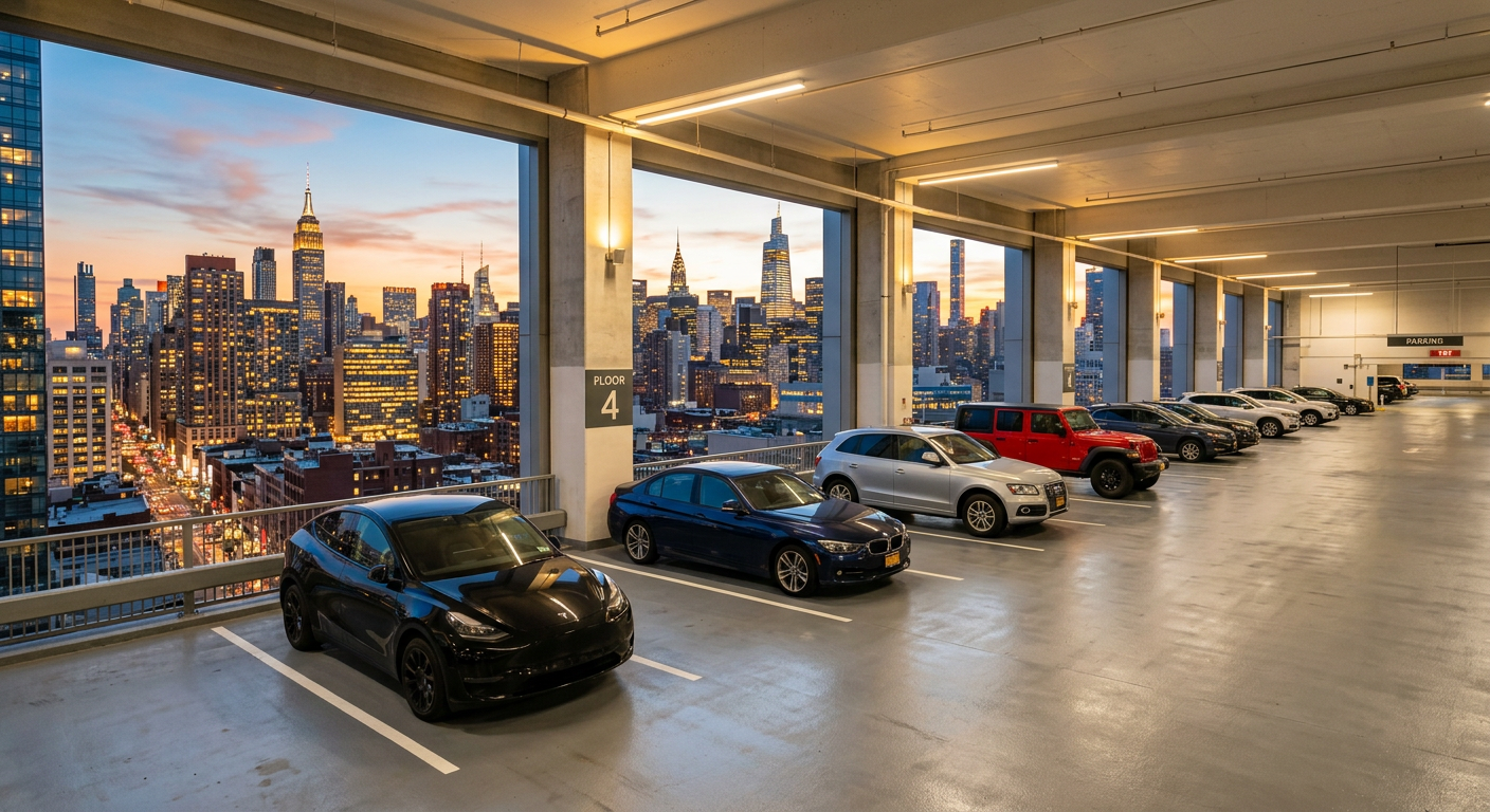 Cars parked in a clean, modern parking garage in Manhattan