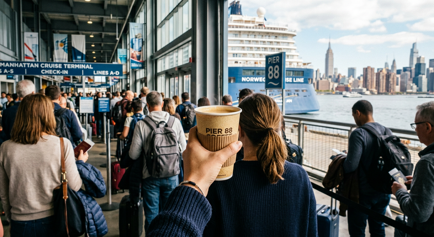 A warm paper coffee cup held by a person waiting in line at the Manhattan Cruise Terminal