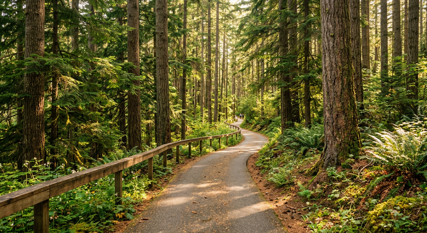 A paved trail winding through a dense pine forest with filtered sunlight overhead