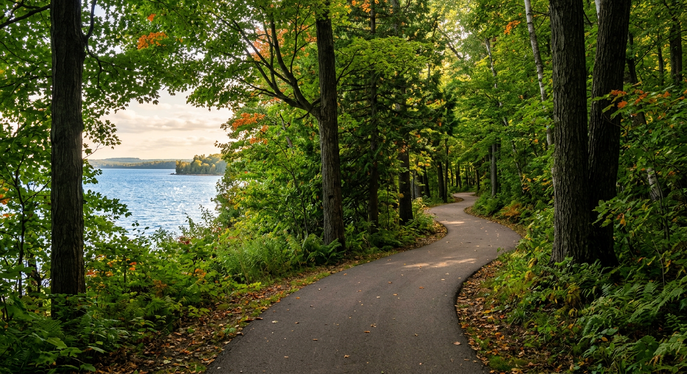 A quiet paved trail winding through a dense forest in Peninsula State Park with glimpses of the water through the trees