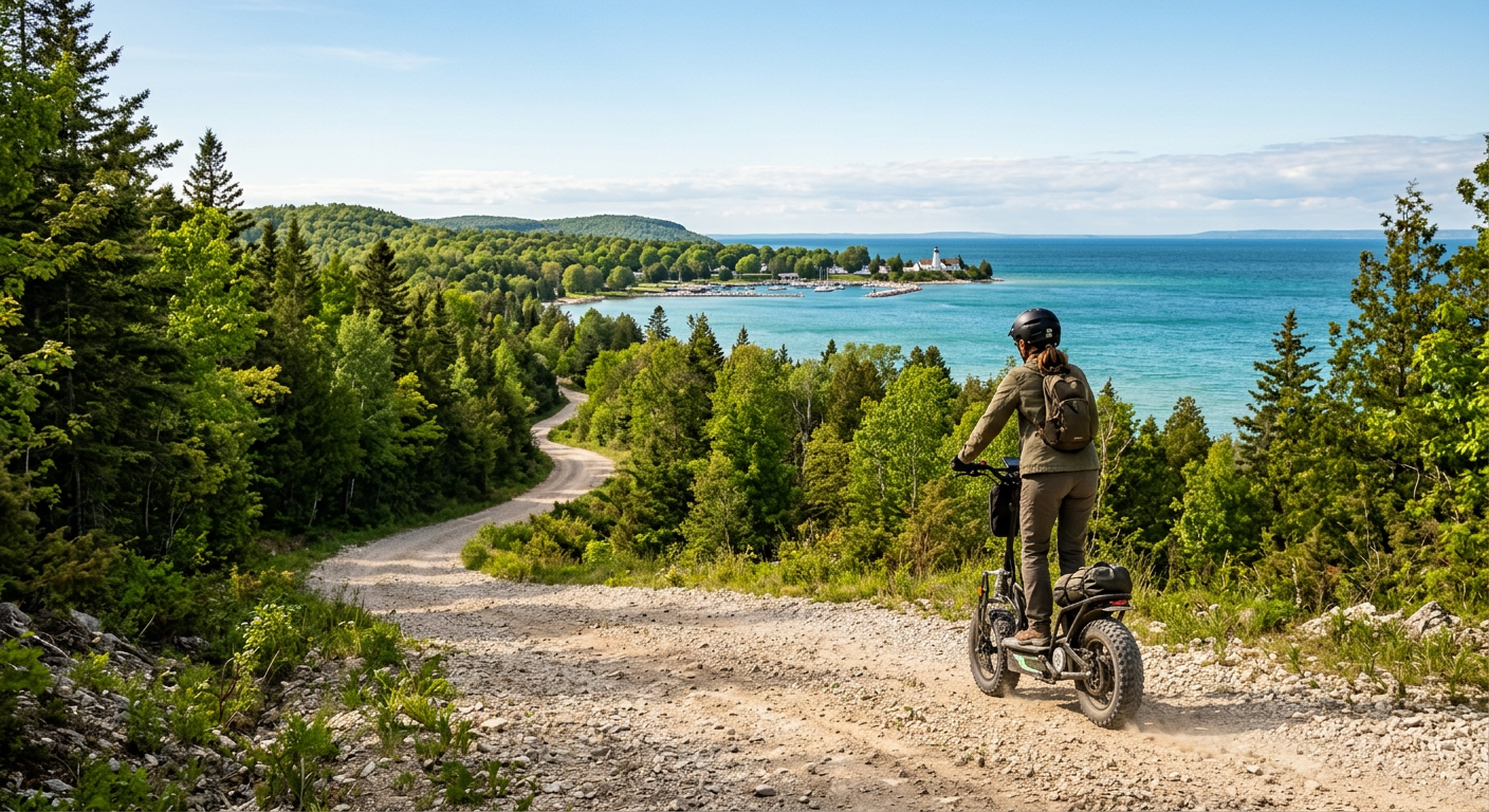 A rider gliding on a rugged motorized transporter down a limestone gravel path toward the waters of Green Bay in Fish Creek