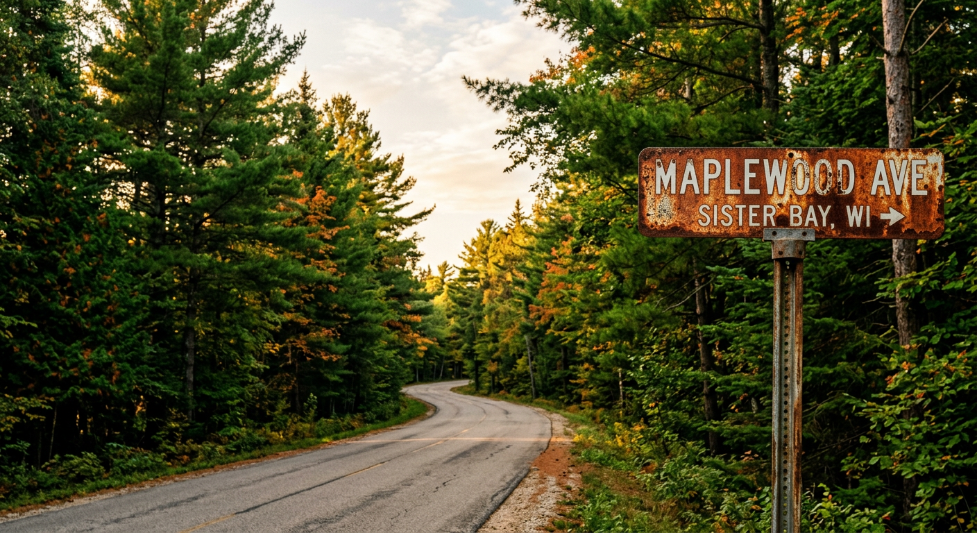 A quiet, paved backroad in Sister Bay lined with dense pine trees and an old rusted street sign