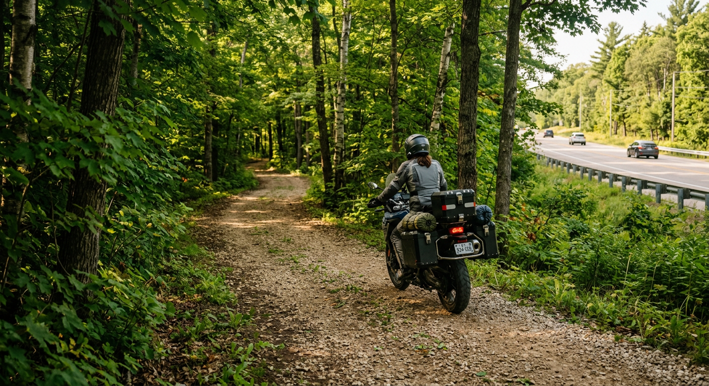 A rider on a motorized two-wheel vehicle navigating a shaded gravel shoulder path away from highway traffic in Fish Creek