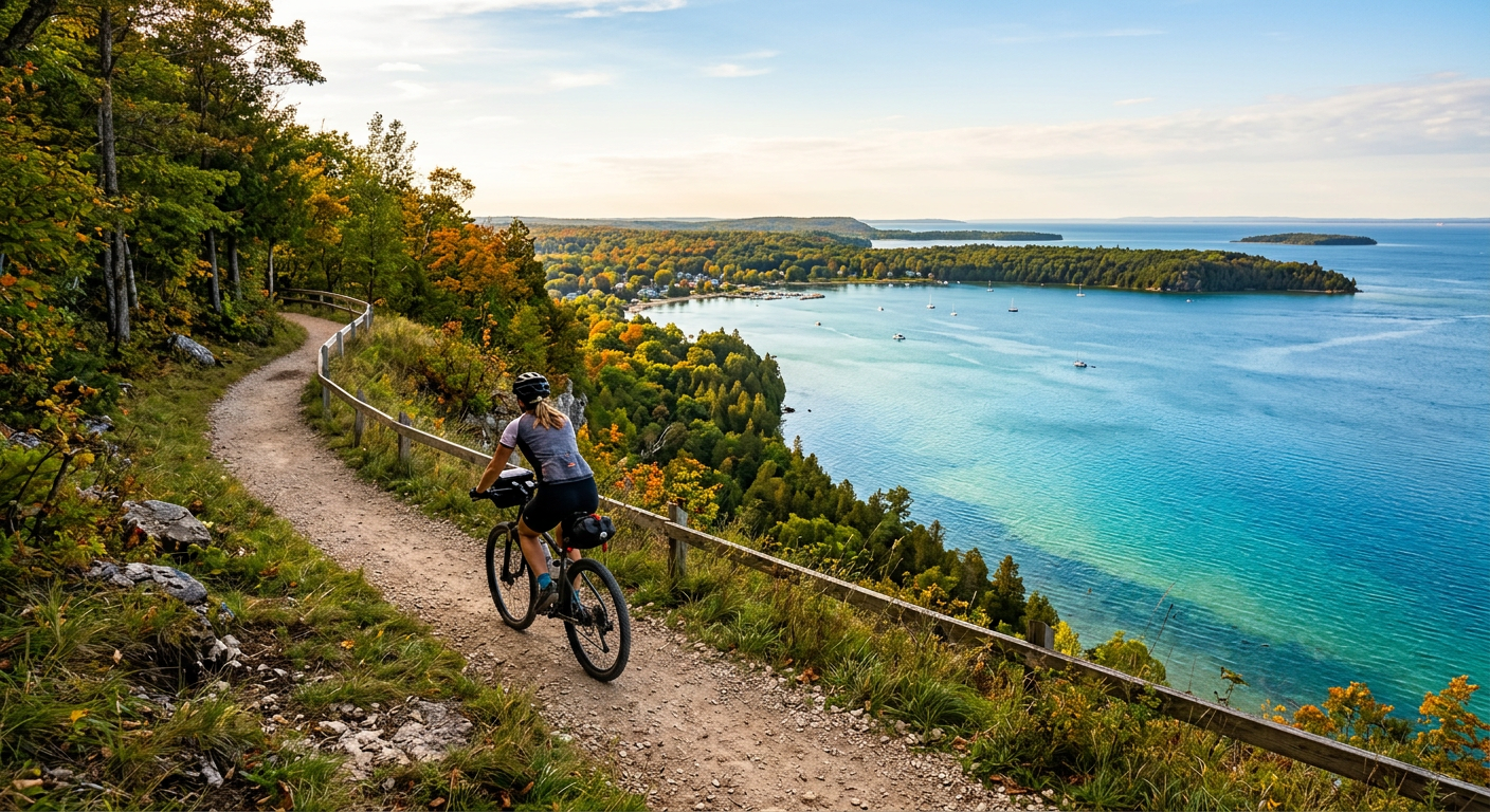 A rider navigating a packed dirt path on a bluff overlooking Green Bay in Fish Creek, Wisconsin