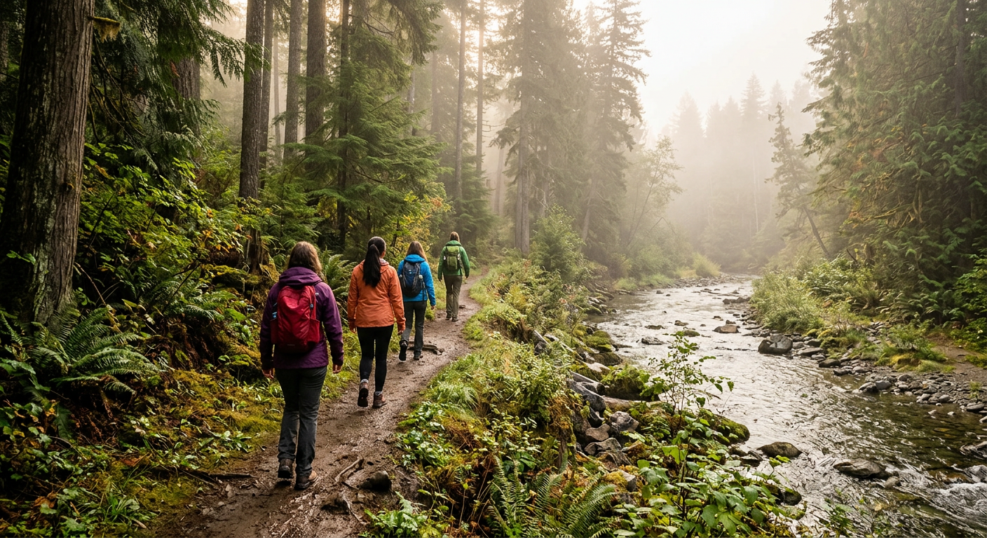 Four riders navigating a foggy, tree-lined path near Fish Creek in the early morning