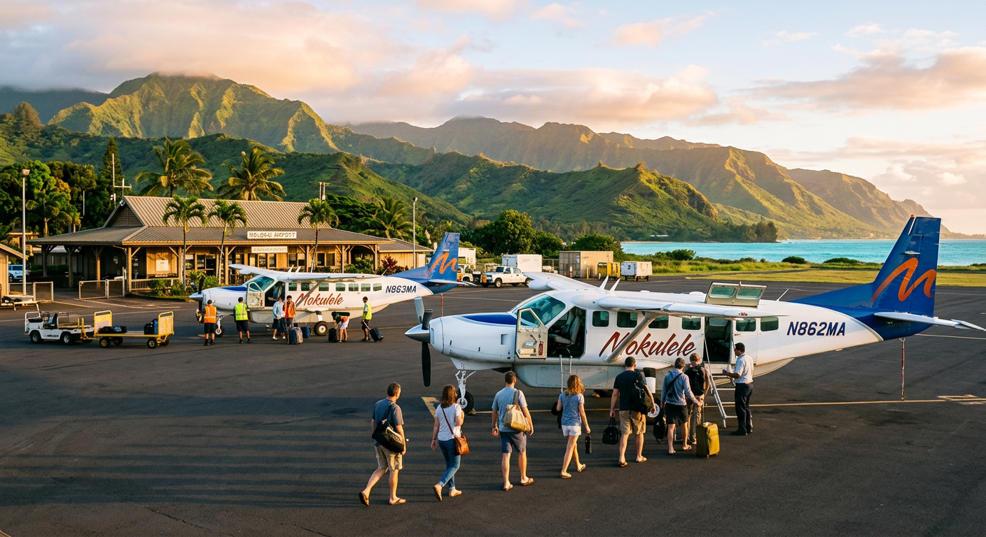 Small prop planes parked on the tarmac at a Hawaiian commuter airport as passengers board in the early morning light