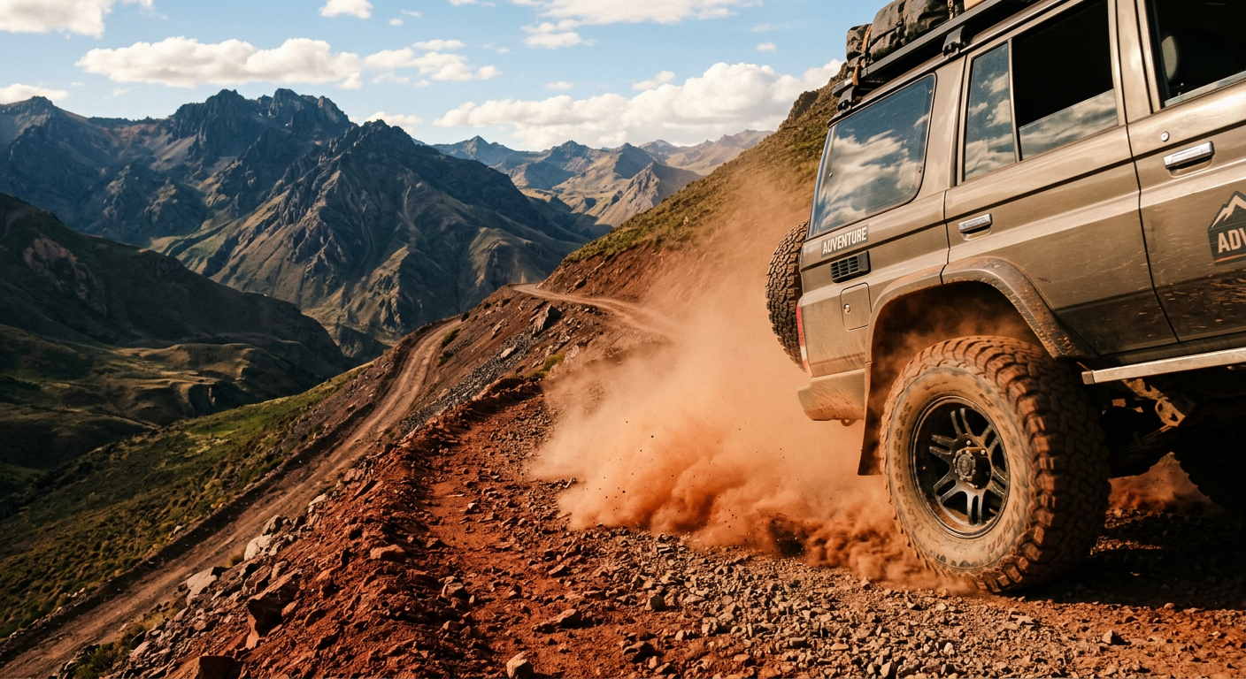 Off-road vehicle tire kicking up thick red volcanic dust on a steep mountain trail