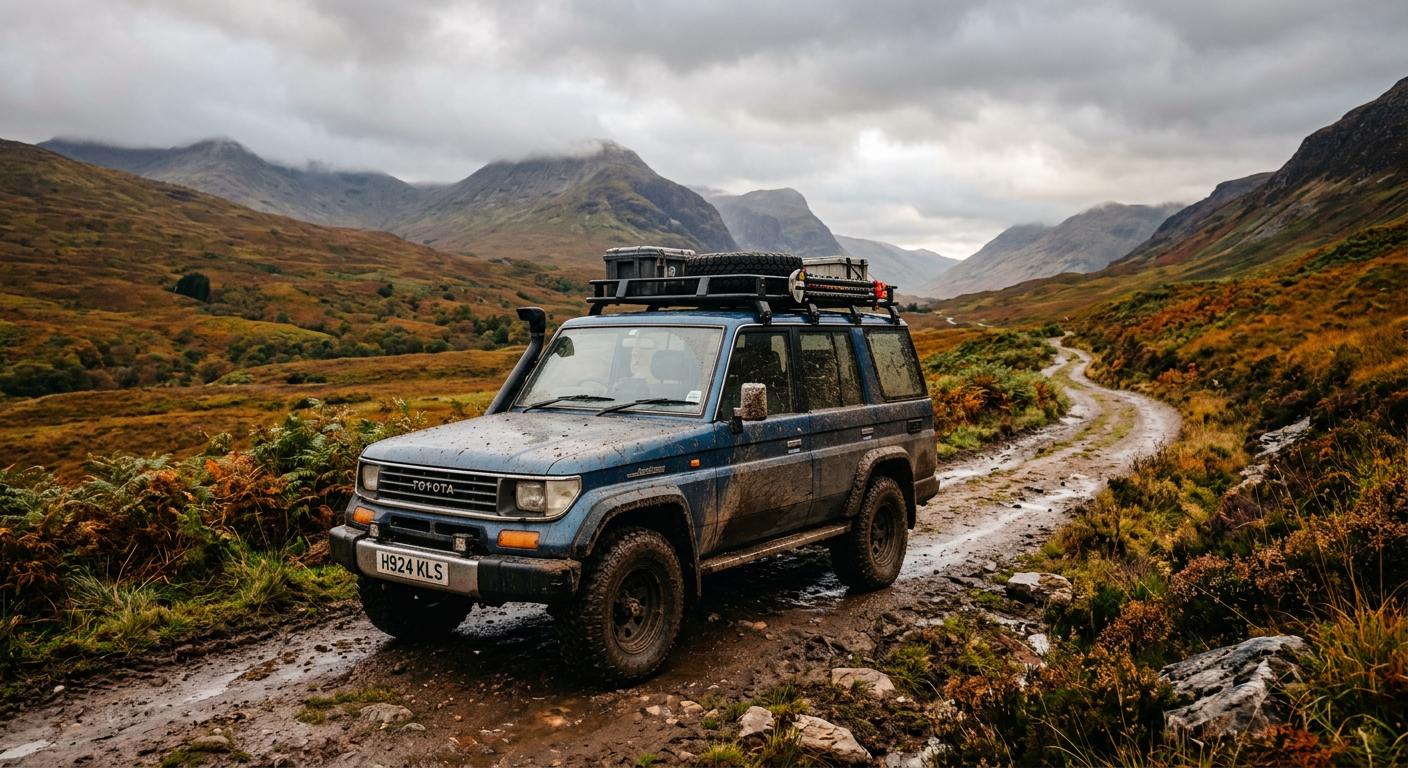 Mud-splattered off-road vehicle parked on a dirt trail under overcast morning skies
