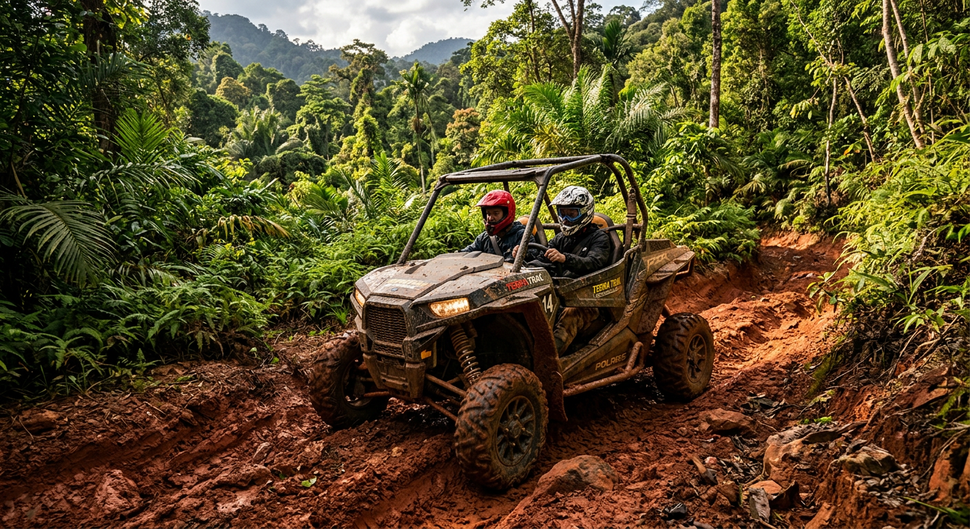 Two riders in a muddy UTV navigating a steep dirt trail surrounded by green tropical foliage and thick red soil