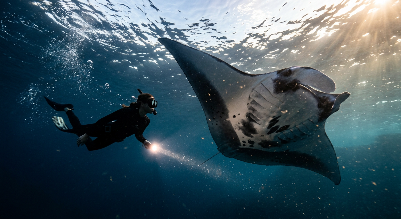 A snorkeler in dark water pointing a flashlight beam while a massive manta ray swims upward near the ocean surface