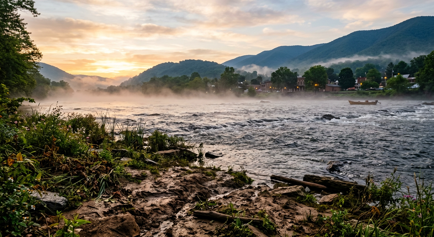 Mist rising off the fast-moving James River at dawn in Buchanan, Virginia with a muddy bank in the foreground