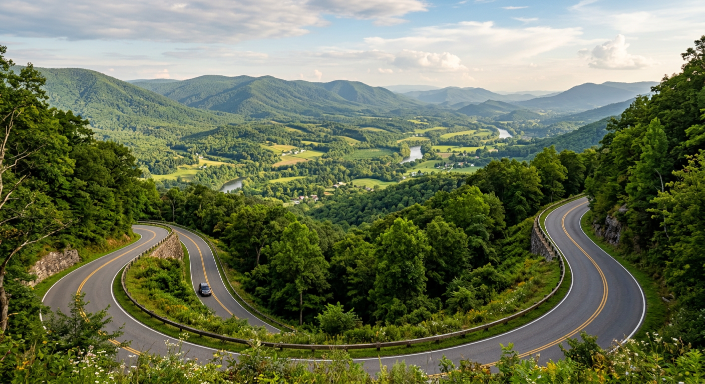 A narrow twisting mountain road leading down into the lush green James River valley