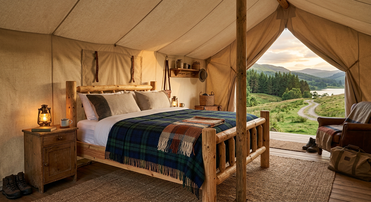 Interior of a canvas glamping tent with a sturdy wooden bed frame and heavy wool blankets