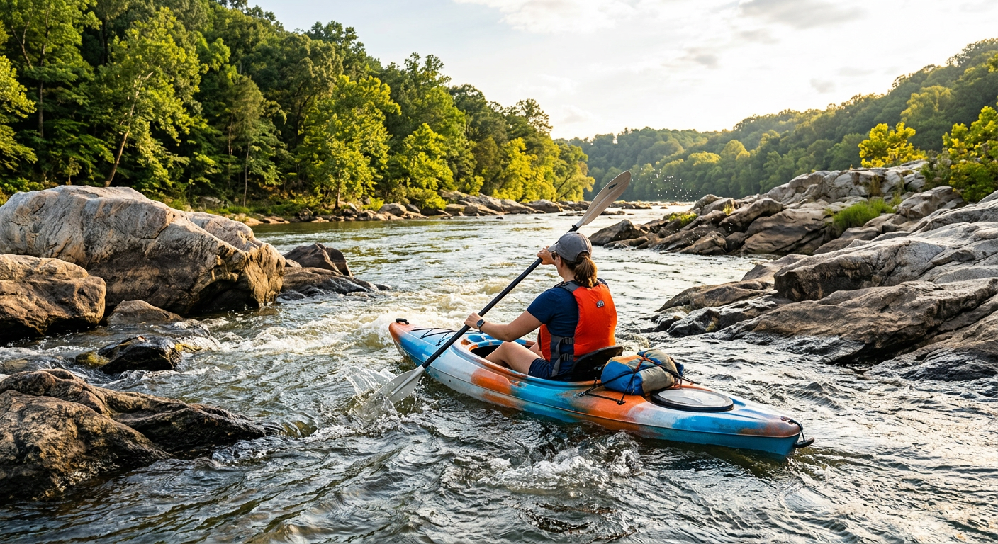 A person paddling a kayak through a rocky section of the James River