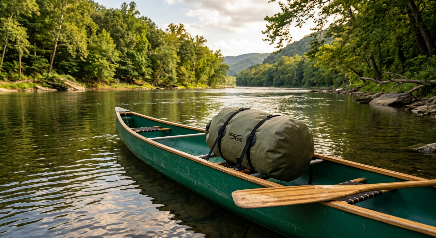 A heavy duty dry bag strapped to a canoe floating on the James River