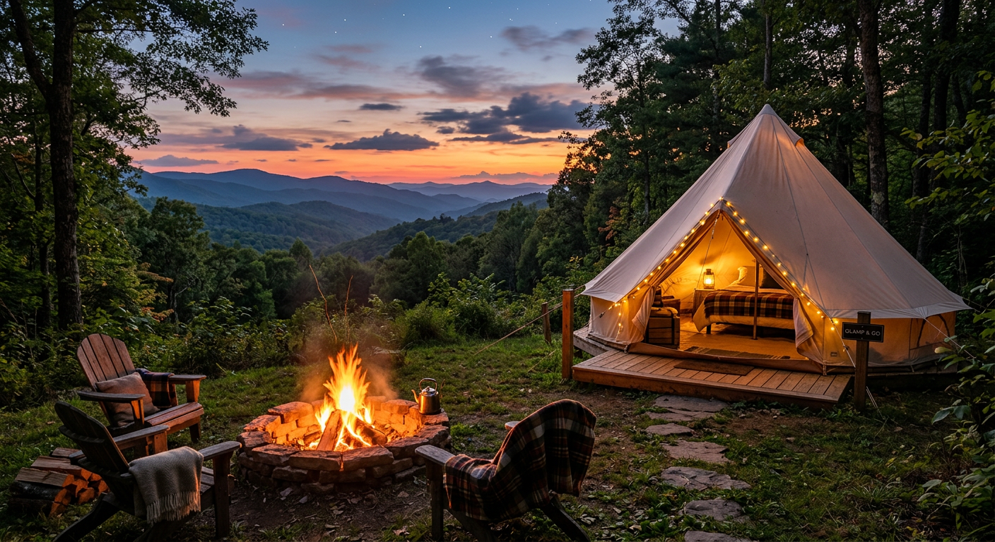 A campfire burning brightly near a canvas glamping tent in the Blue Ridge Mountains at dusk