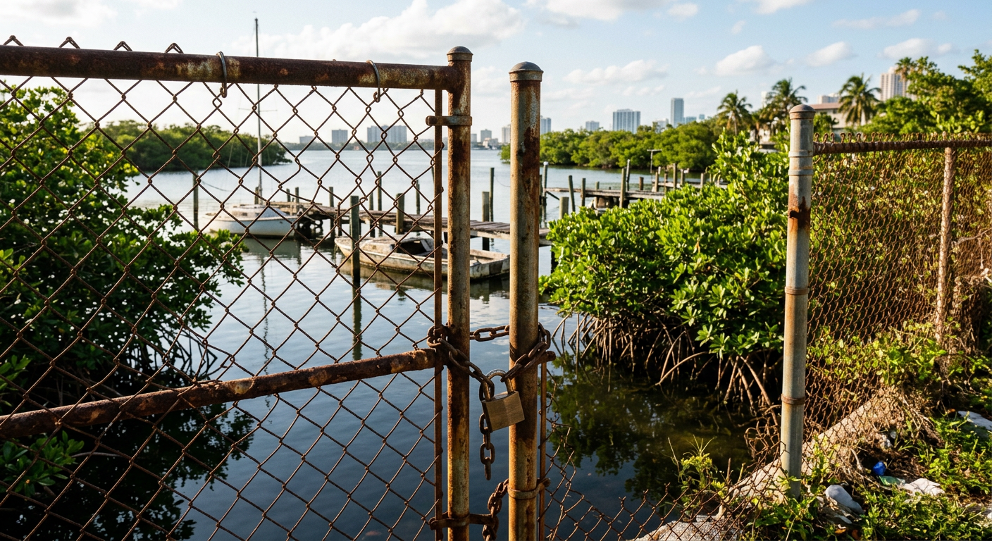A rusted chain link gate padlocked shut at an abandoned marina in Miami, with mangroves growing near the water