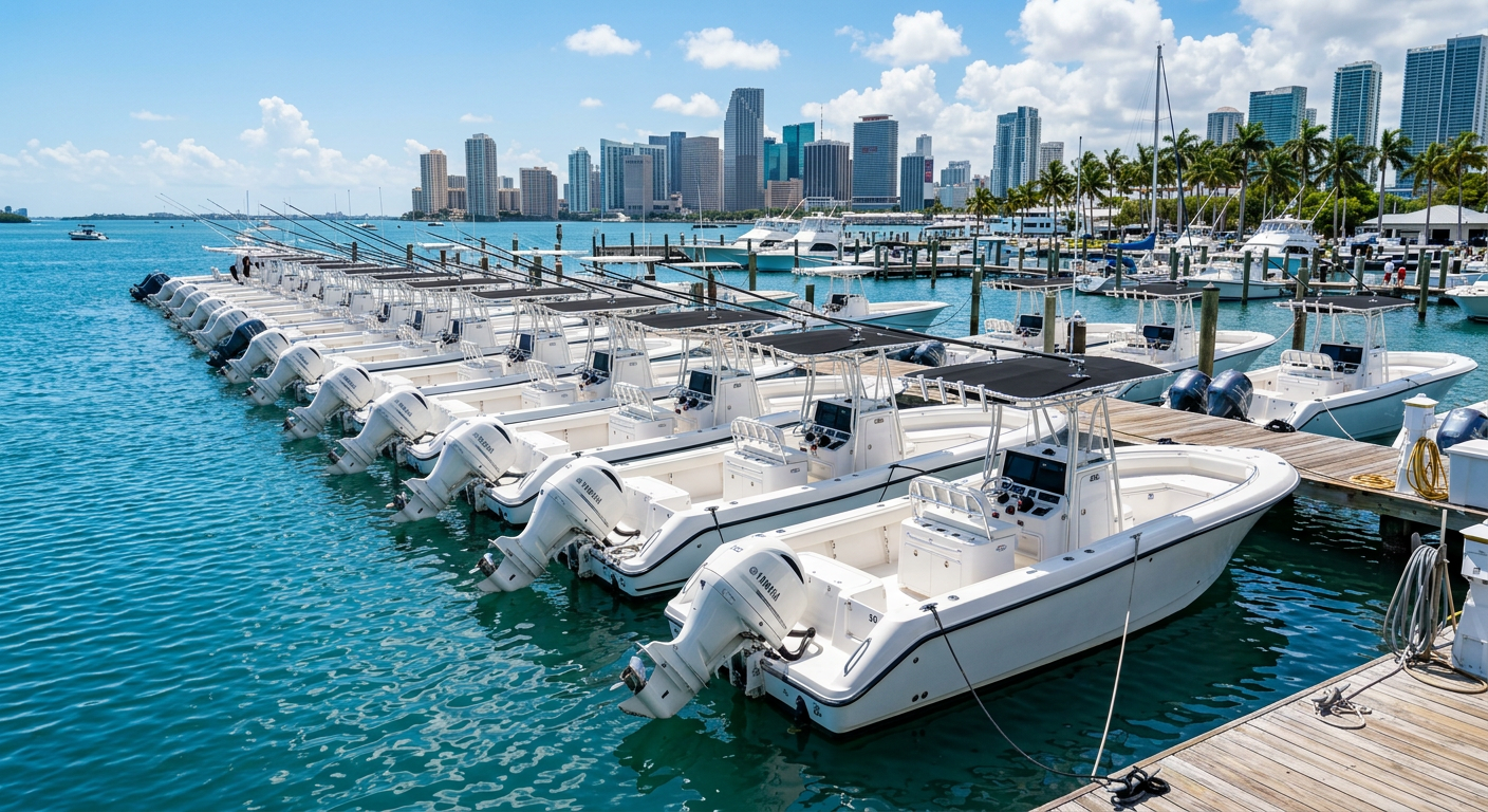 A row of identical white center console boats tightly moored at a Miami marina under the midday sun