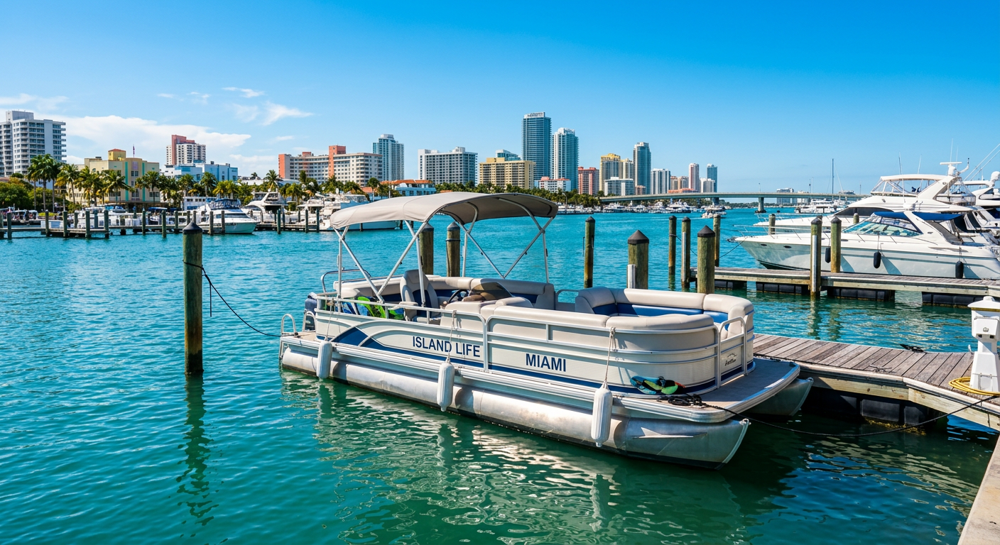 A pontoon boat docked neatly along the bright blue waters of the Miami Beach marina under a clear sky