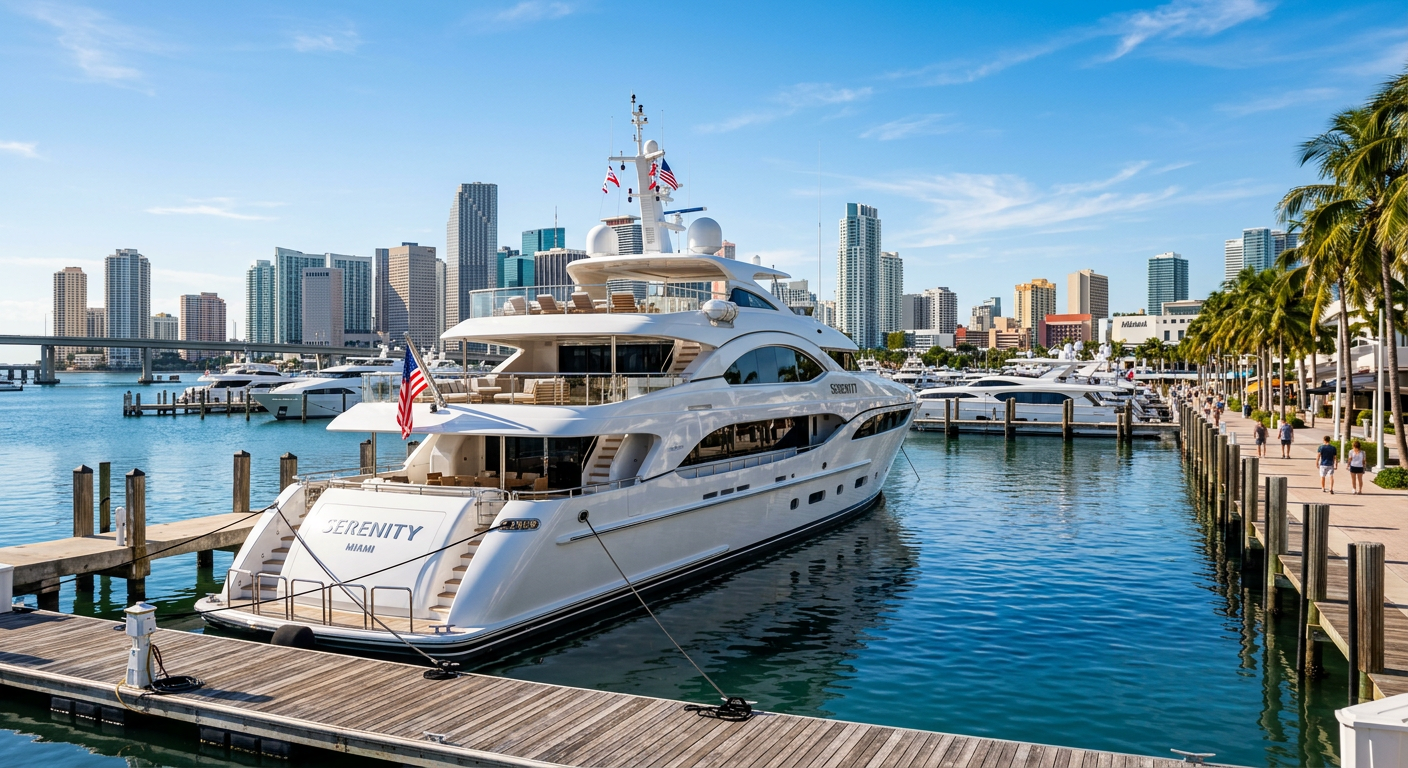 A sleek luxury yacht docked at a Miami Beach marina with calm blue water