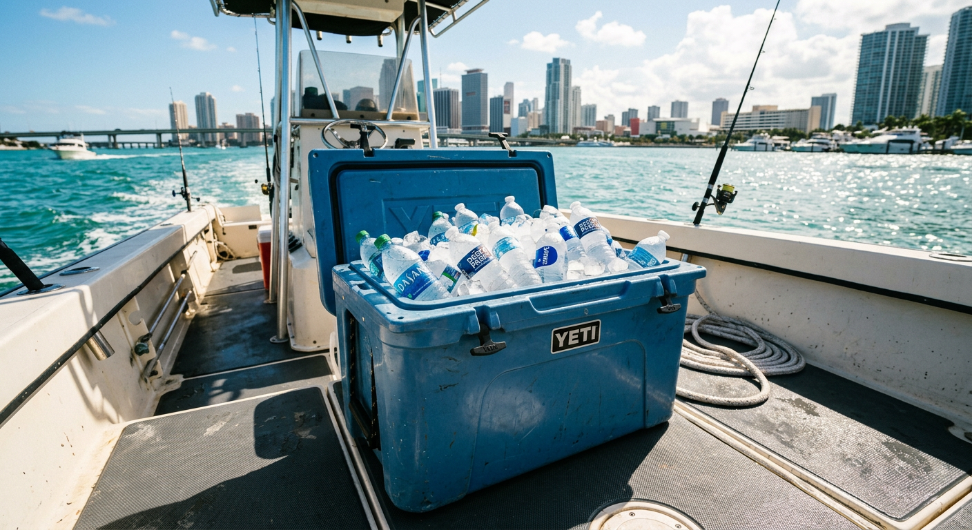 A rigid cooler packed tightly with water bottles sitting on the non-skid deck of a center console boat in Miami