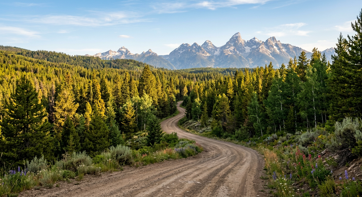 A dusty dirt road winding through pine forests in Island Park near the Wyoming border