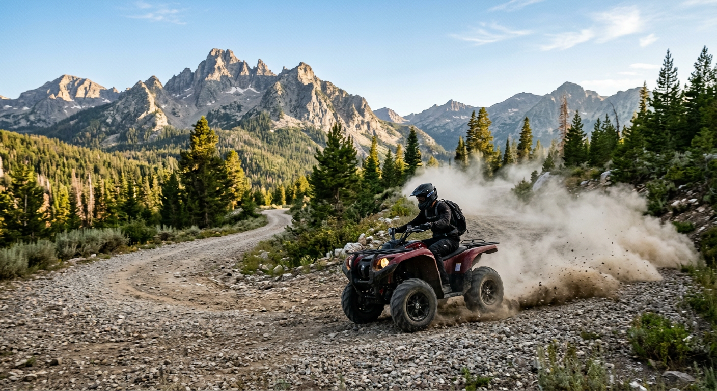 A guided UTV kicking up dust on a rough gravel trail in the Centennial Mountains near Island Park