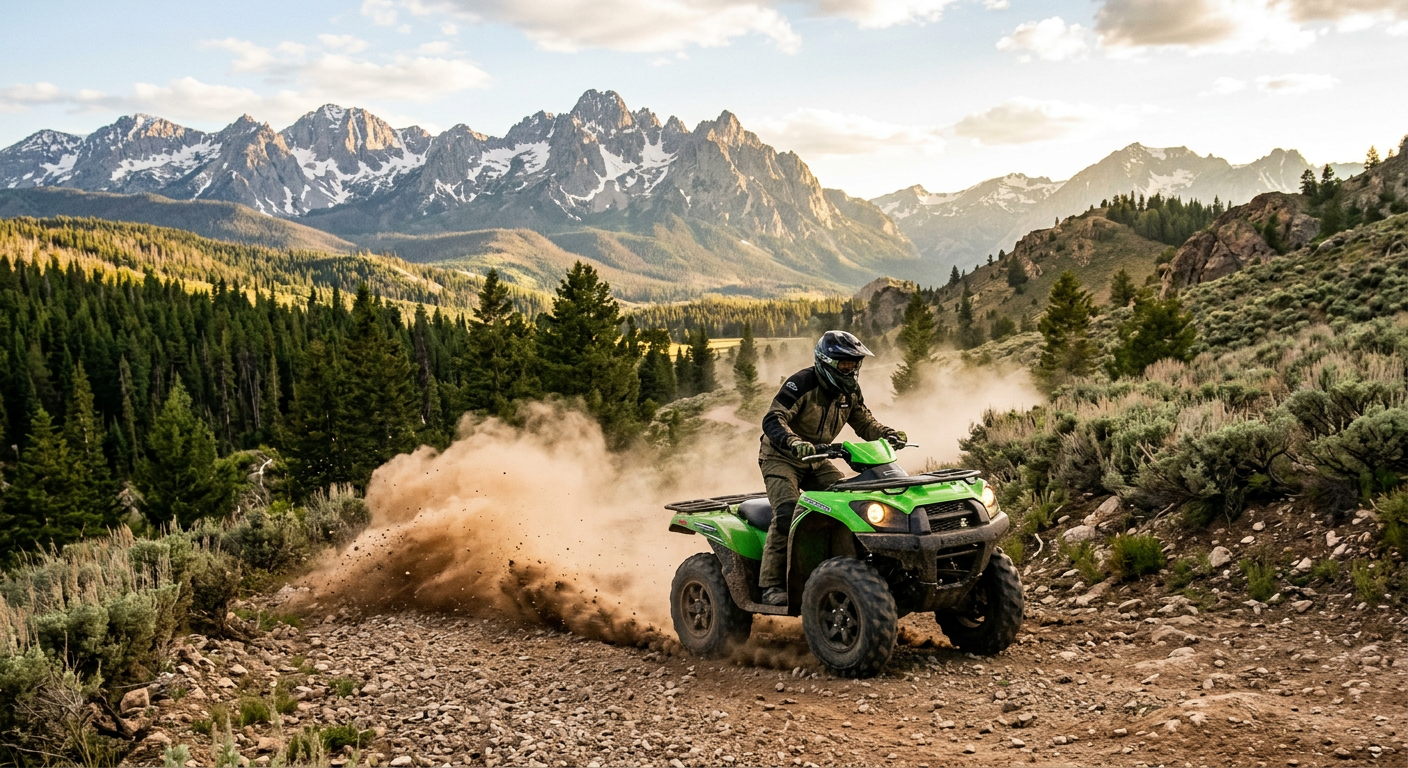 Passengers in a side-by-side off-road vehicle navigating a rugged dirt trail in Island Park Idaho