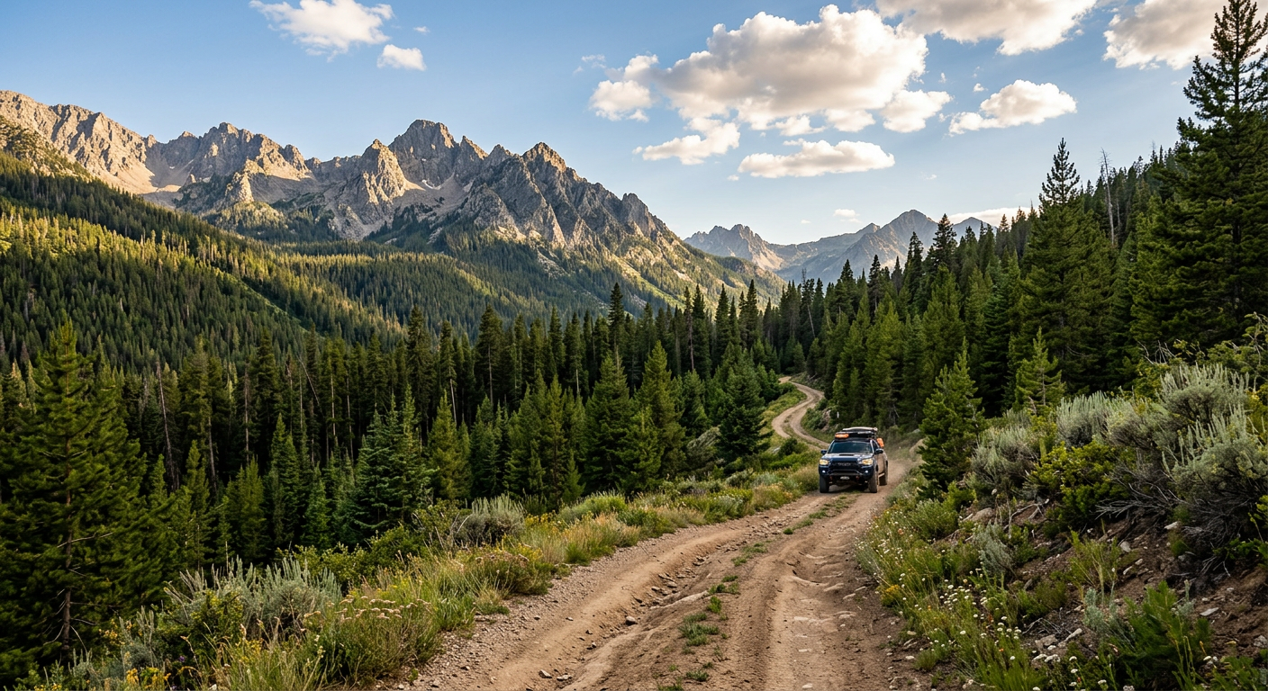 An off-road dirt trail cutting through dense pine trees overlooking the Centennial Valley