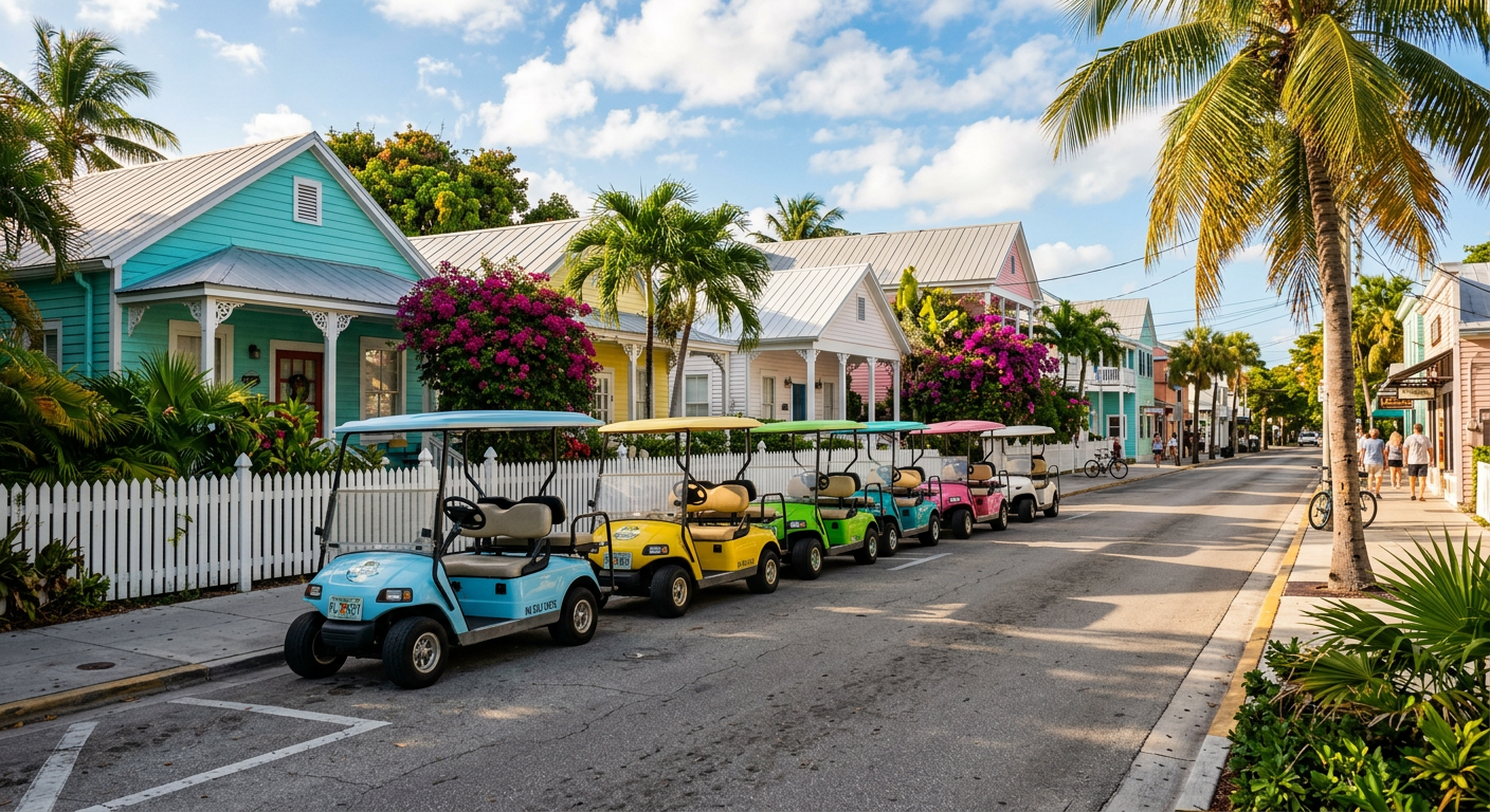 A row of electric golf carts parked along a sun-drenched street in Key West