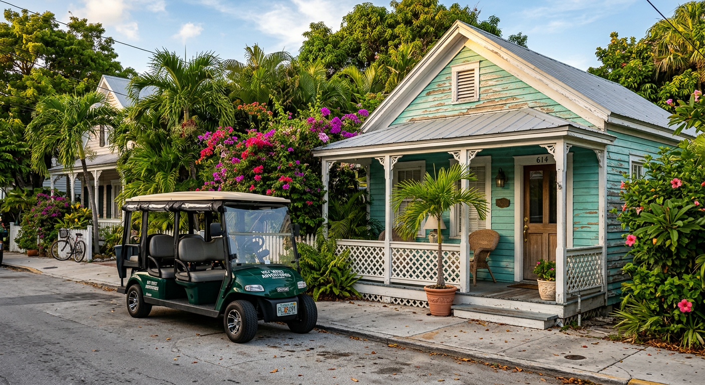 An electric golf cart parked near a weathered nineteenth-century cottage in Key West